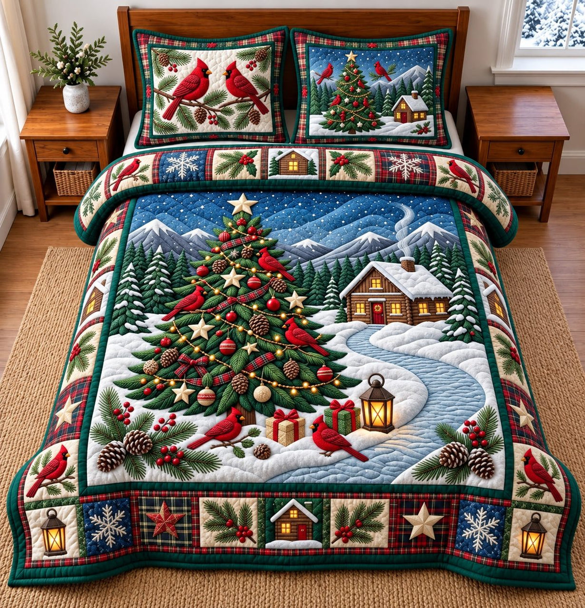 Village Christmas Tree quilted 3-piece bedding set on a made bed in a winter-styled bedroom