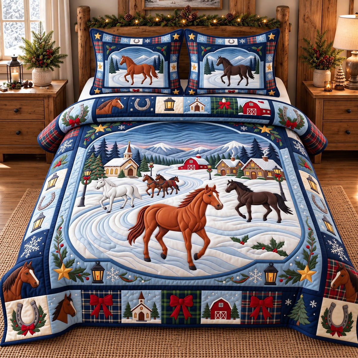 Village Run Holiday Horses quilted 3-piece bedding set on a made bed in a winter-styled bedroom