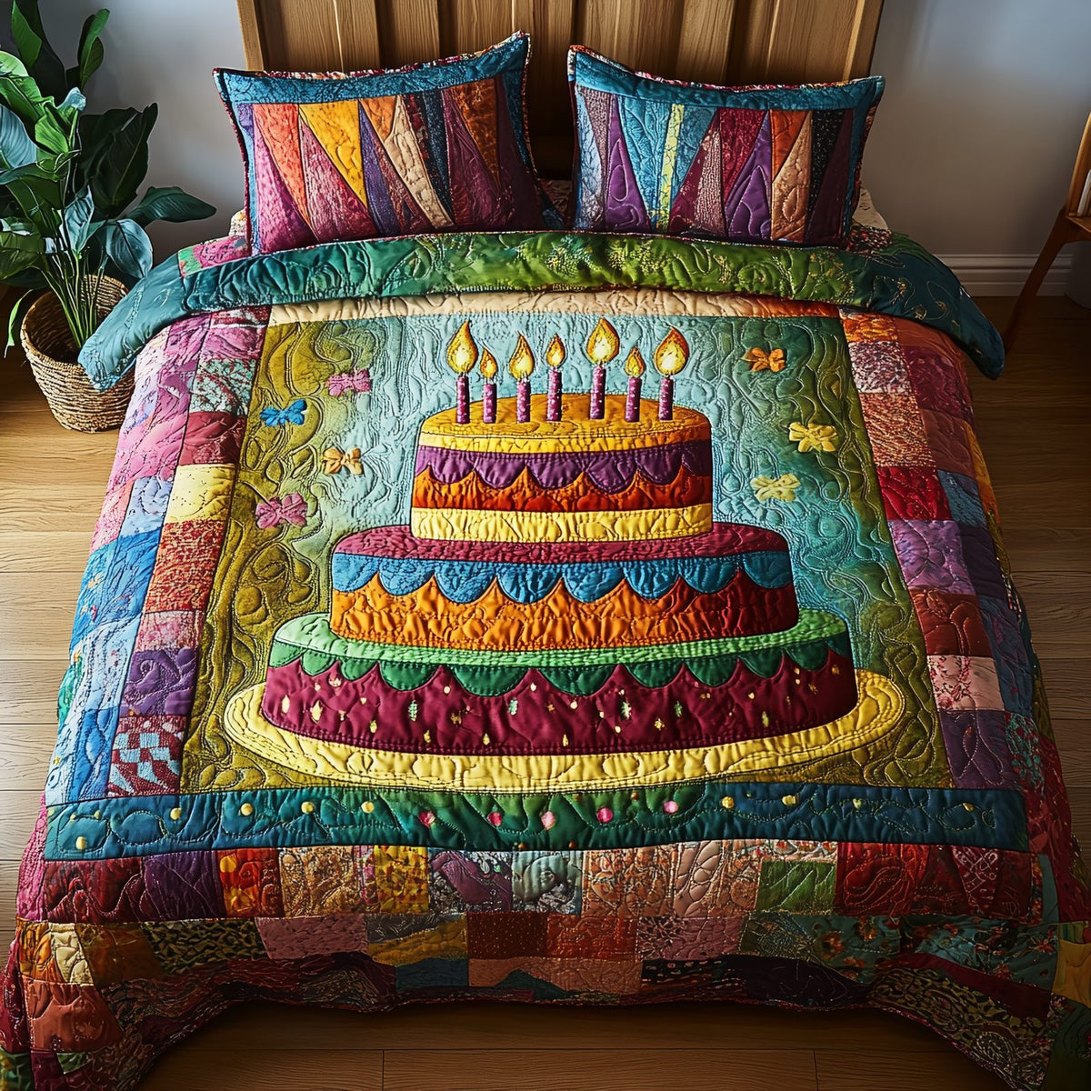 Vintage Birthday Cake Green quilted 3-piece bedding set on a made bed in a farmhouse bedroom