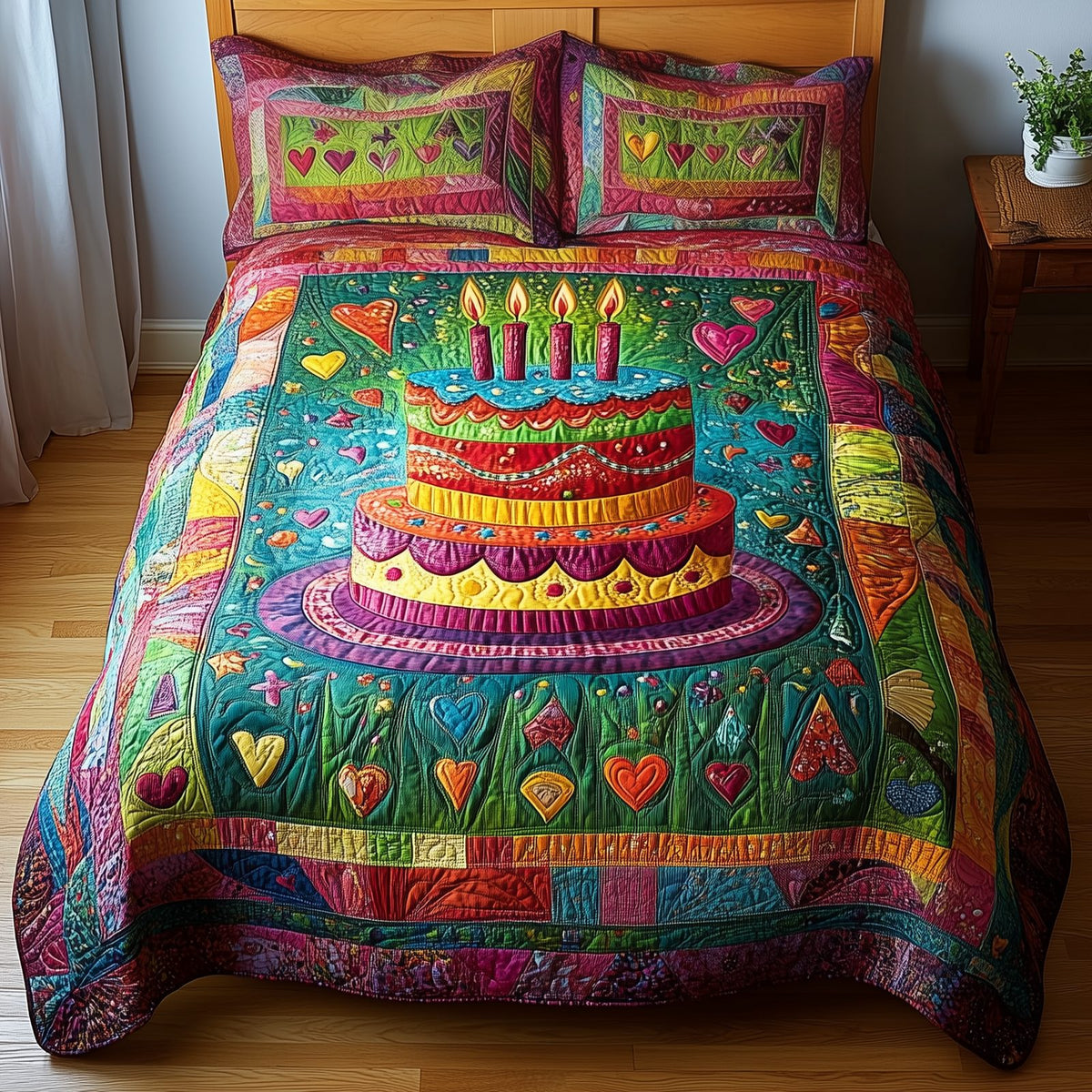 Vintage Birthday Cake Pink quilted 3-piece bedding set on a made bed in a farmhouse bedroom
