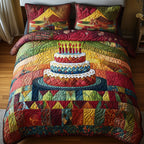 Vintage Birthday Cake Red quilted 3-piece bedding set on a made bed in a farmhouse bedroom