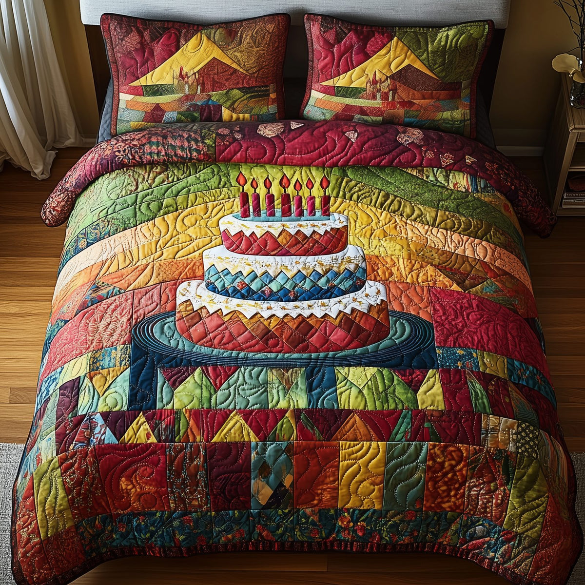 Vintage Birthday Cake Red quilted 3-piece bedding set on a made bed in a farmhouse bedroom