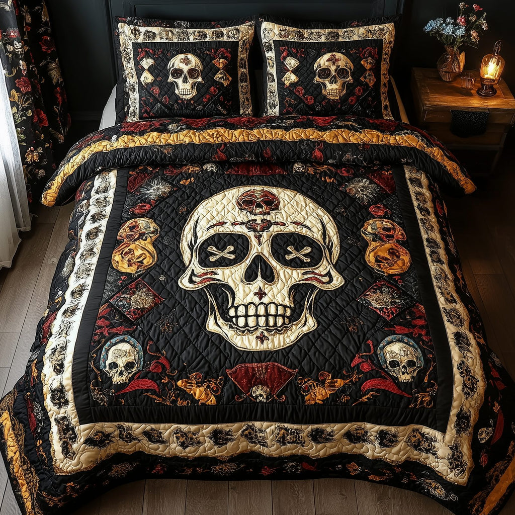 Vintage Bold Skull Beige quilted 3-piece bedding set on a made bed against a dark styled interior