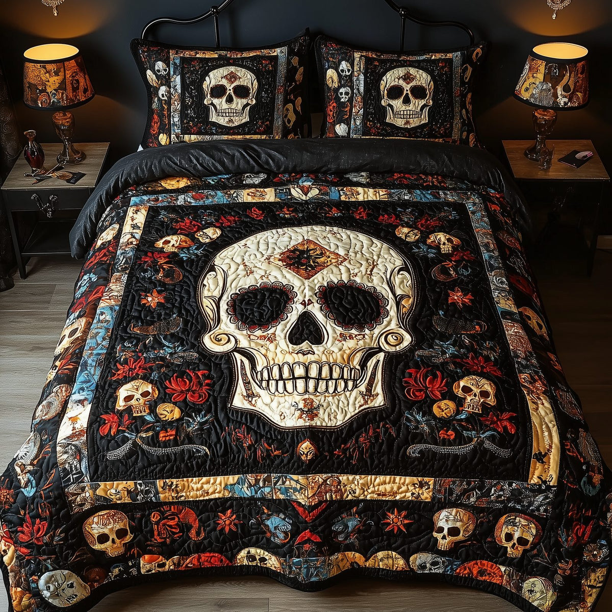 Vintage Bold Skull Cream Border quilted 3-piece bedding set on a made bed against a dark styled interior