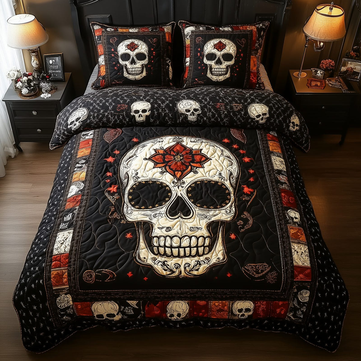 Vintage Bold Skull Floral Border quilted 3-piece bedding set on a made bed against a dark styled interior