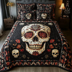 Vintage Bold Skull Frame quilted 3-piece bedding set on a made bed against a dark styled interior