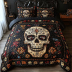 Vintage Bold Skull Gold quilted 3-piece bedding set on a made bed against a dark styled interior