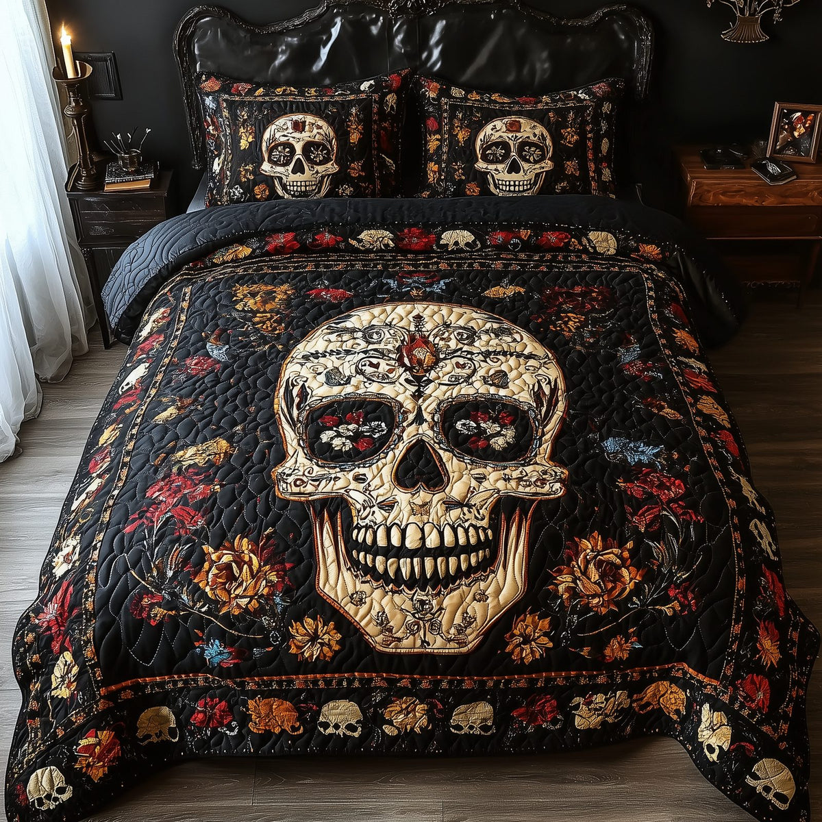 Vintage Bold Skull Gold quilted 3-piece bedding set on a made bed against a dark styled interior