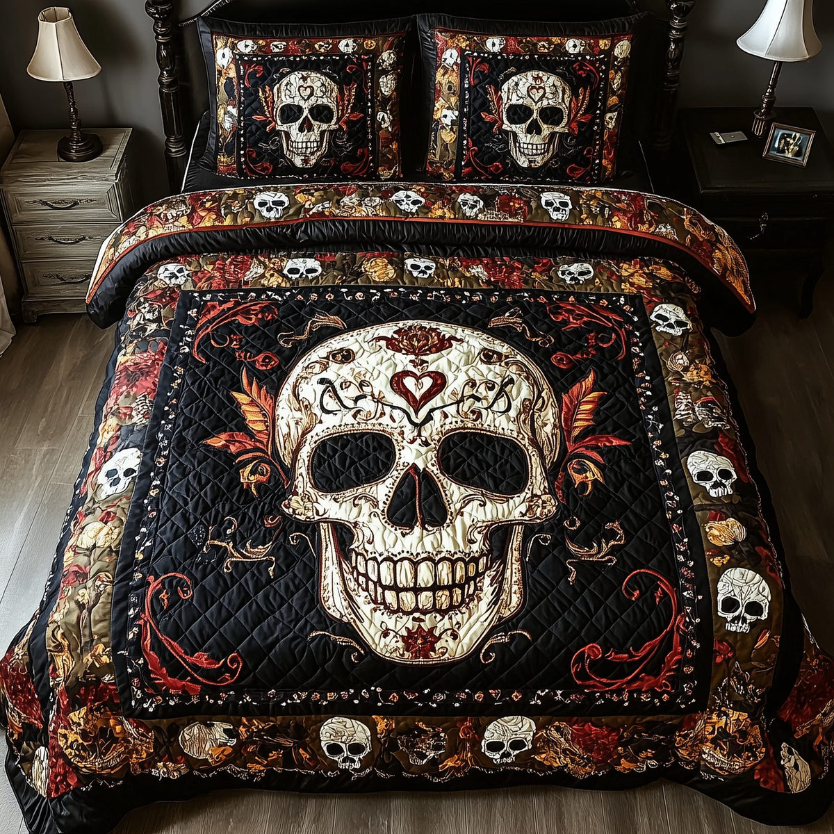 Vintage Bold Skull Red quilted 3-piece bedding set on a made bed against a dark styled interior