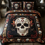 Vintage Bold Skull Red quilted 3-piece bedding set on a made bed against a dark styled interior