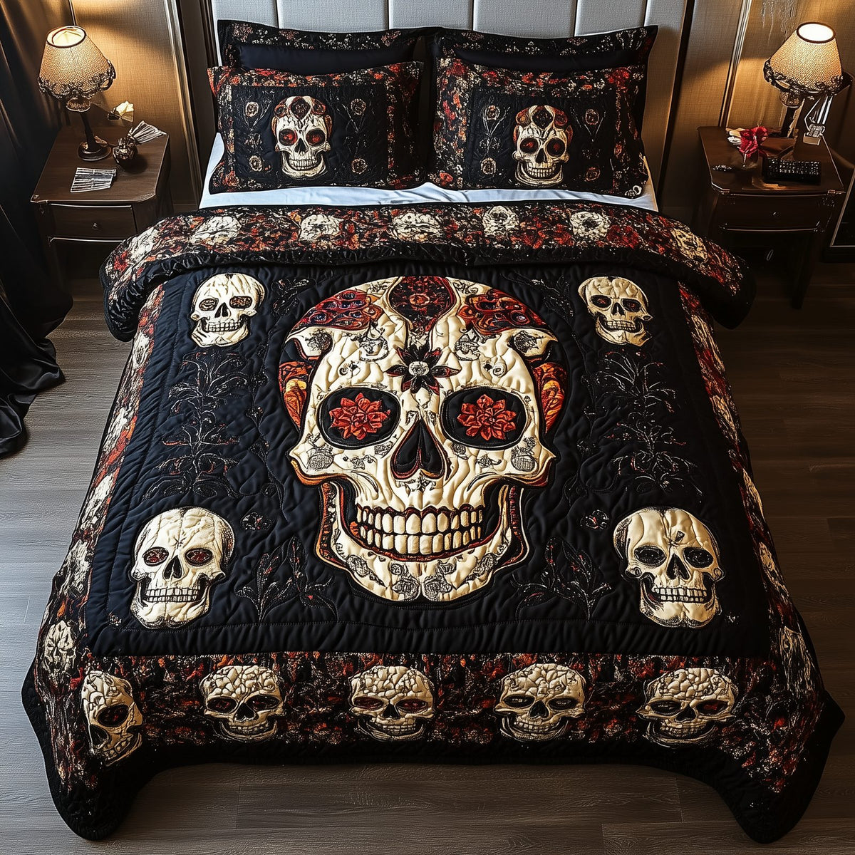 Vintage Bold Skull Rose Frame quilted 3-piece bedding set on a made bed against a dark styled interior