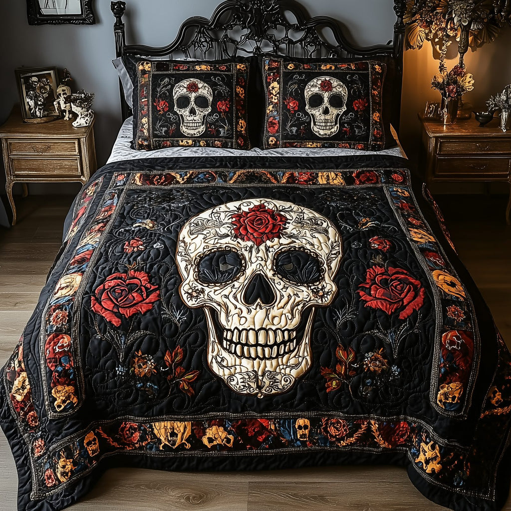 Vintage Bold Skull Roses quilted 3-piece bedding set on a made bed against a dark styled interior