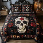 Vintage Bold Skull Roses quilted 3-piece bedding set on a made bed against a dark styled interior