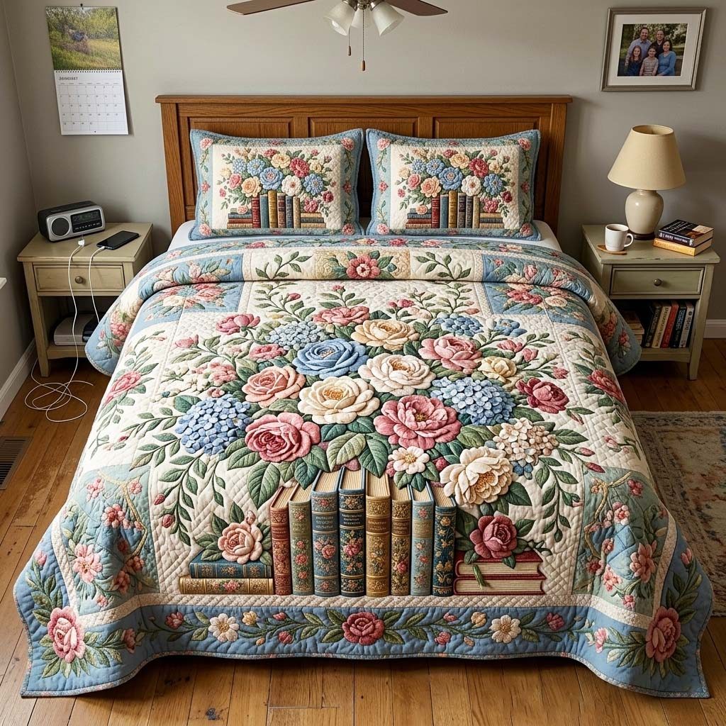 Vintage Bouquet Books quilted 3-piece bedding set on a made bed in a farmhouse bedroom