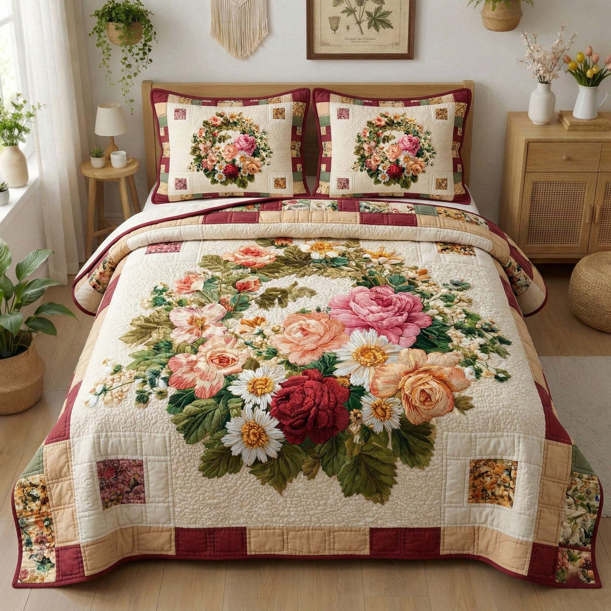 Vintage Bouquet Cream quilted 3-piece bedding set on a made bed in a farmhouse bedroom