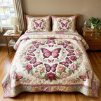 Vintage Butterfly Pink quilted 3-piece bedding set on a made bed in a farmhouse bedroom