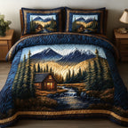 Vintage Cabin Night quilted 3-piece bedding set on a made bed in a farmhouse bedroom