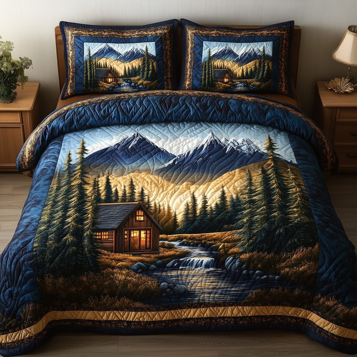 Vintage Cabin Night quilted 3-piece bedding set on a made bed in a farmhouse bedroom