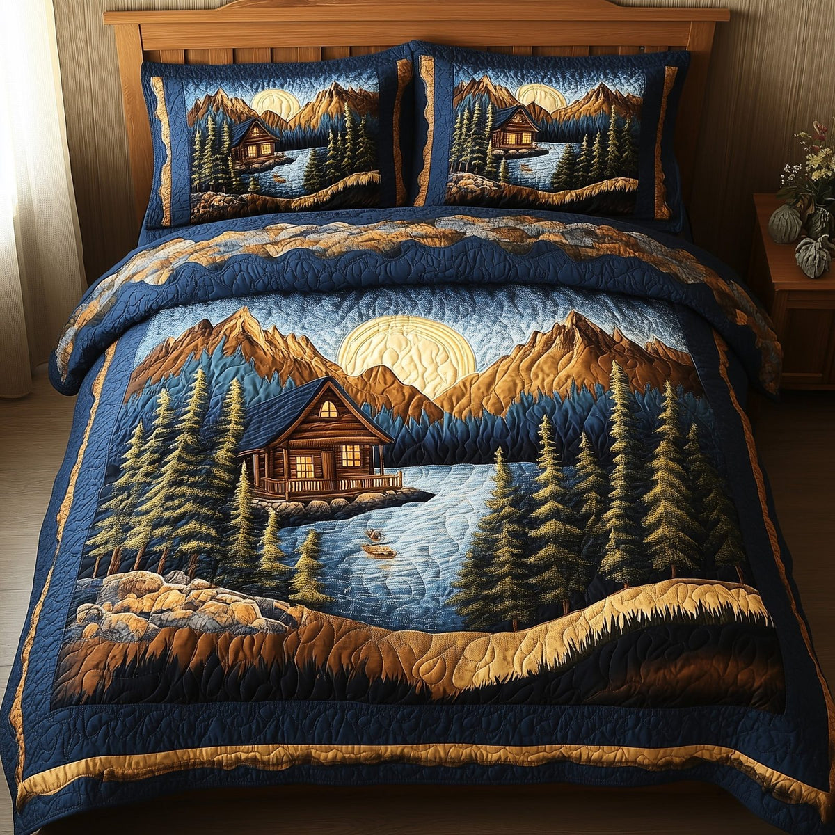 Vintage Cabin Pines quilted 3-piece bedding set on a made bed in a farmhouse bedroom