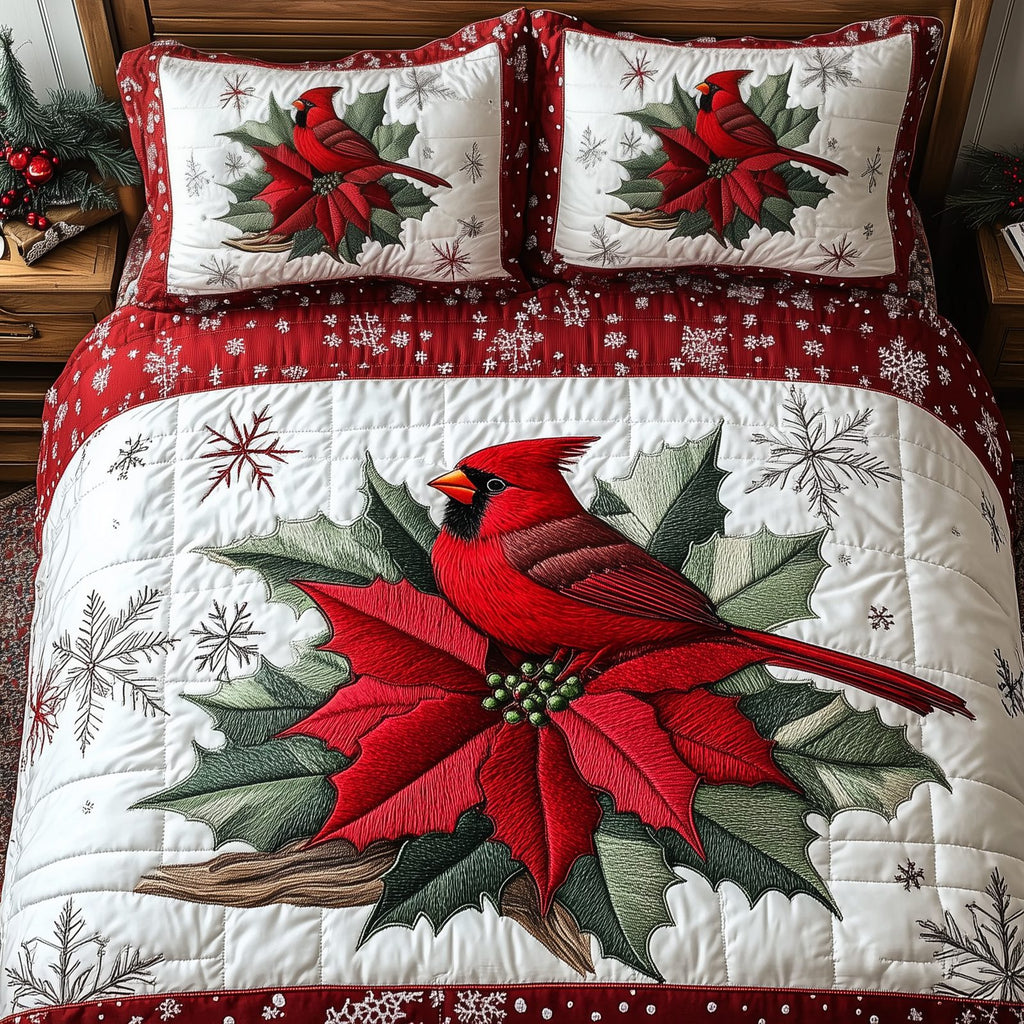Vintage Cardinal Poinsettia Snow quilted 3-piece bedding set on a made bed in a winter-styled bedroom