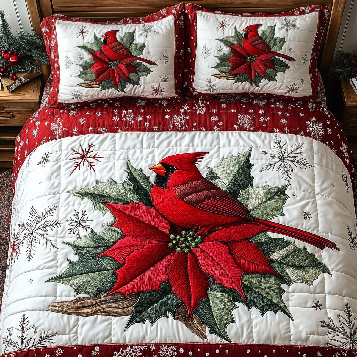 Vintage Cardinal Poinsettia Snow quilted 3-piece bedding set on a made bed in a winter-styled bedroom