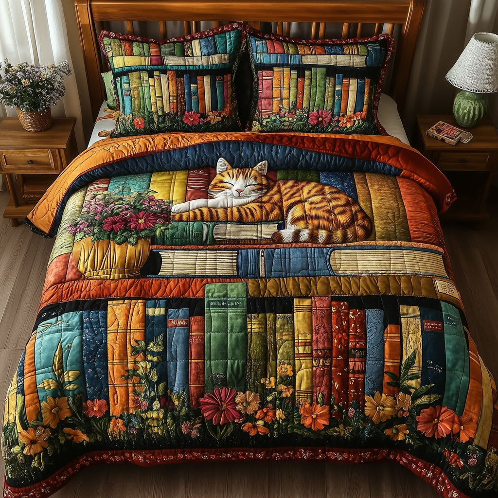 Vintage Cat Bookshelf Bright quilted 3-piece bedding set on a made bed in a farmhouse bedroom