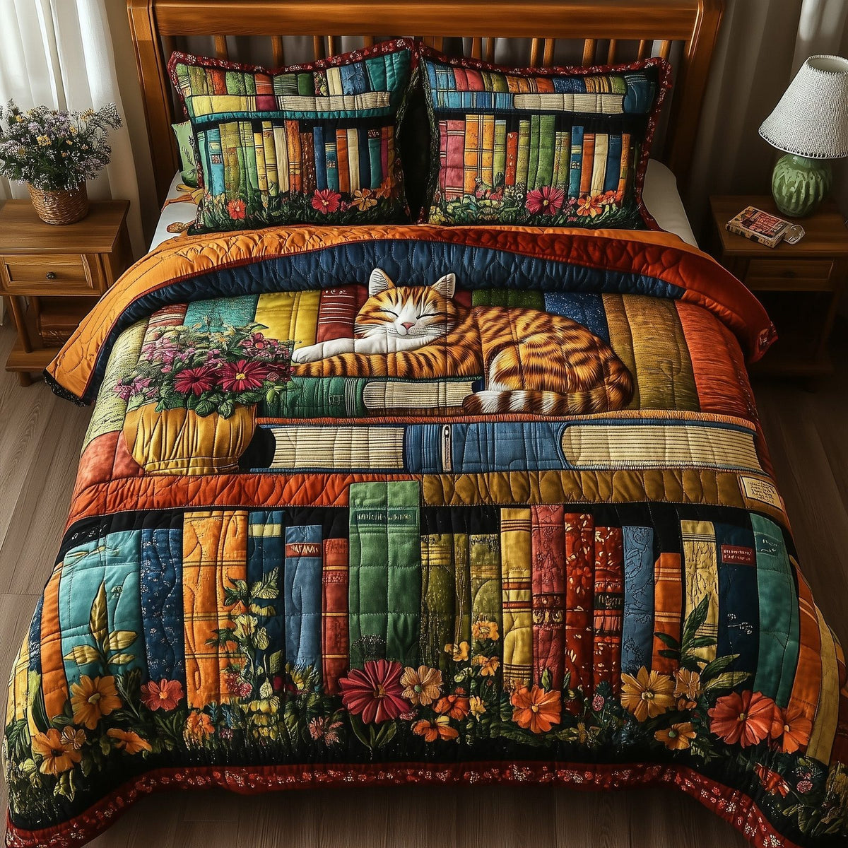Vintage Cat Bookshelf Bright quilted 3-piece bedding set on a made bed in a farmhouse bedroom
