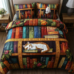 Vintage Cat Bookshelf Brown quilted 3-piece bedding set on a made bed in a farmhouse bedroom