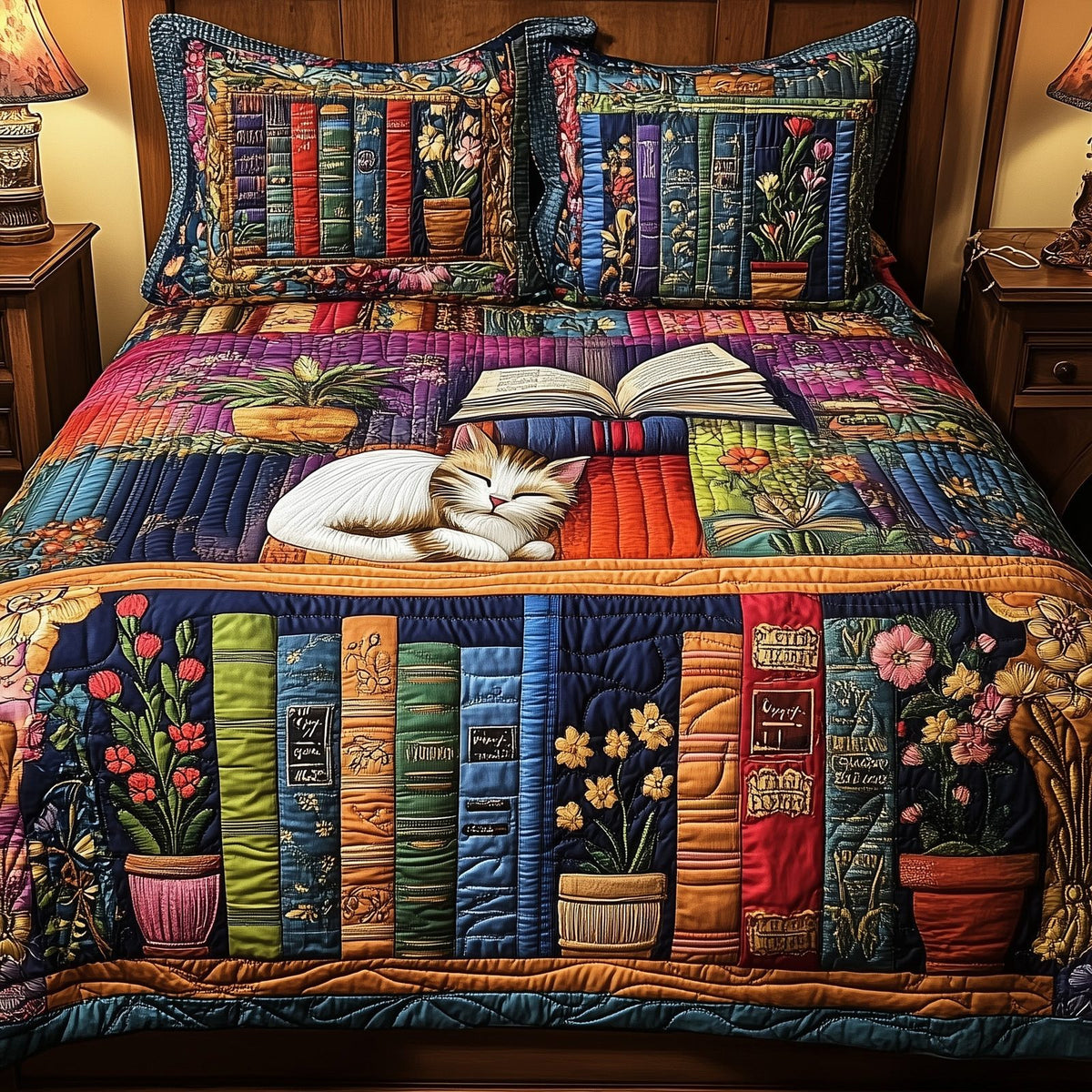 Vintage Cat Bookshelf Navy quilted 3-piece bedding set on a made bed in a warmly lit bedroom