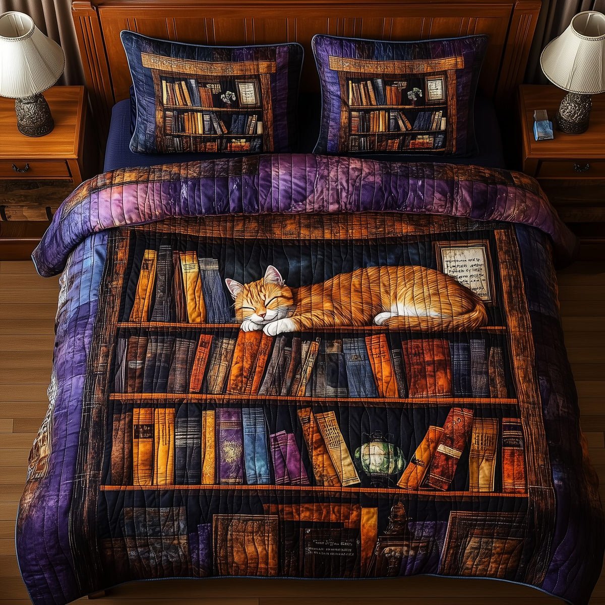 Vintage Cat Bookshelf Orange quilted 3-piece bedding set on a made bed in a farmhouse bedroom