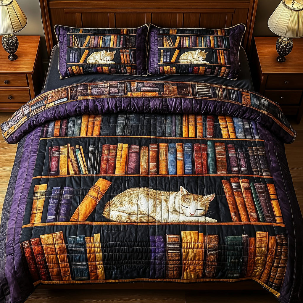 Vintage Cat Bookshelf Purple quilted 3-piece bedding set on a made bed in a farmhouse bedroom