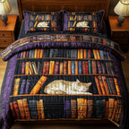 Vintage Cat Bookshelf Purple quilted 3-piece bedding set on a made bed in a farmhouse bedroom