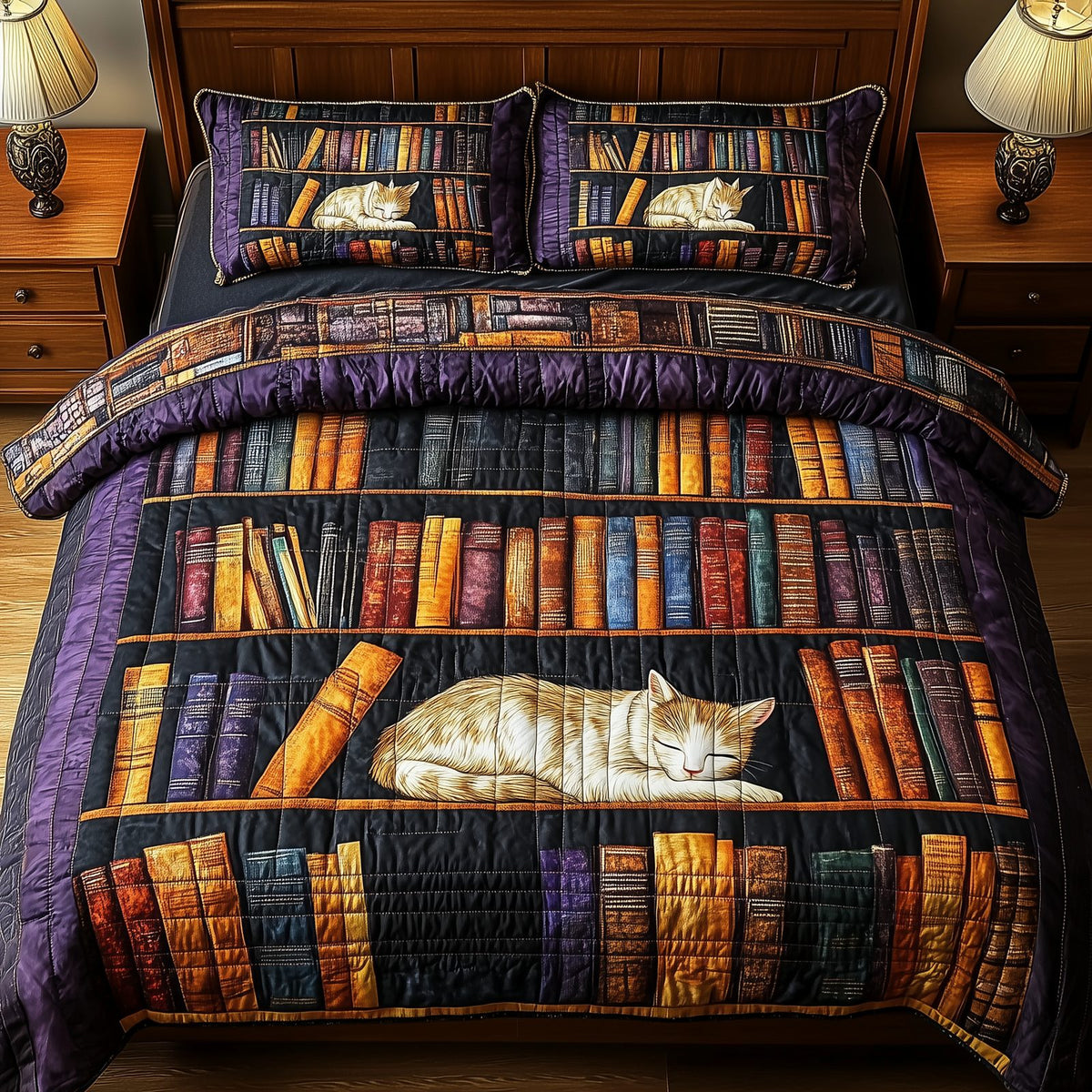 Vintage Cat Bookshelf Purple quilted 3-piece bedding set on a made bed in a farmhouse bedroom