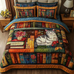 Vintage Cat Bookshelf Red quilted 3-piece bedding set on a made bed in a farmhouse bedroom