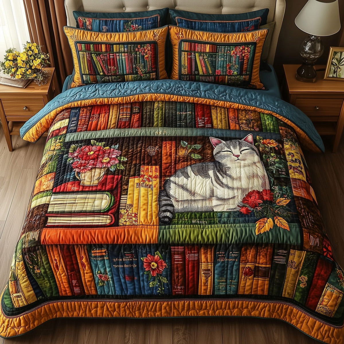 Vintage Cat Bookshelf Red quilted 3-piece bedding set on a made bed in a farmhouse bedroom