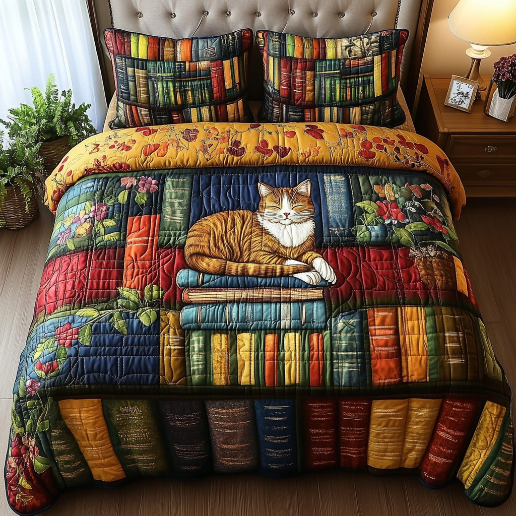 Vintage Cat Bookshelf Teal quilted 3-piece bedding set on a made bed in a farmhouse bedroom