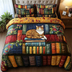 Vintage Cat Bookshelf Teal quilted 3-piece bedding set on a made bed in a farmhouse bedroom