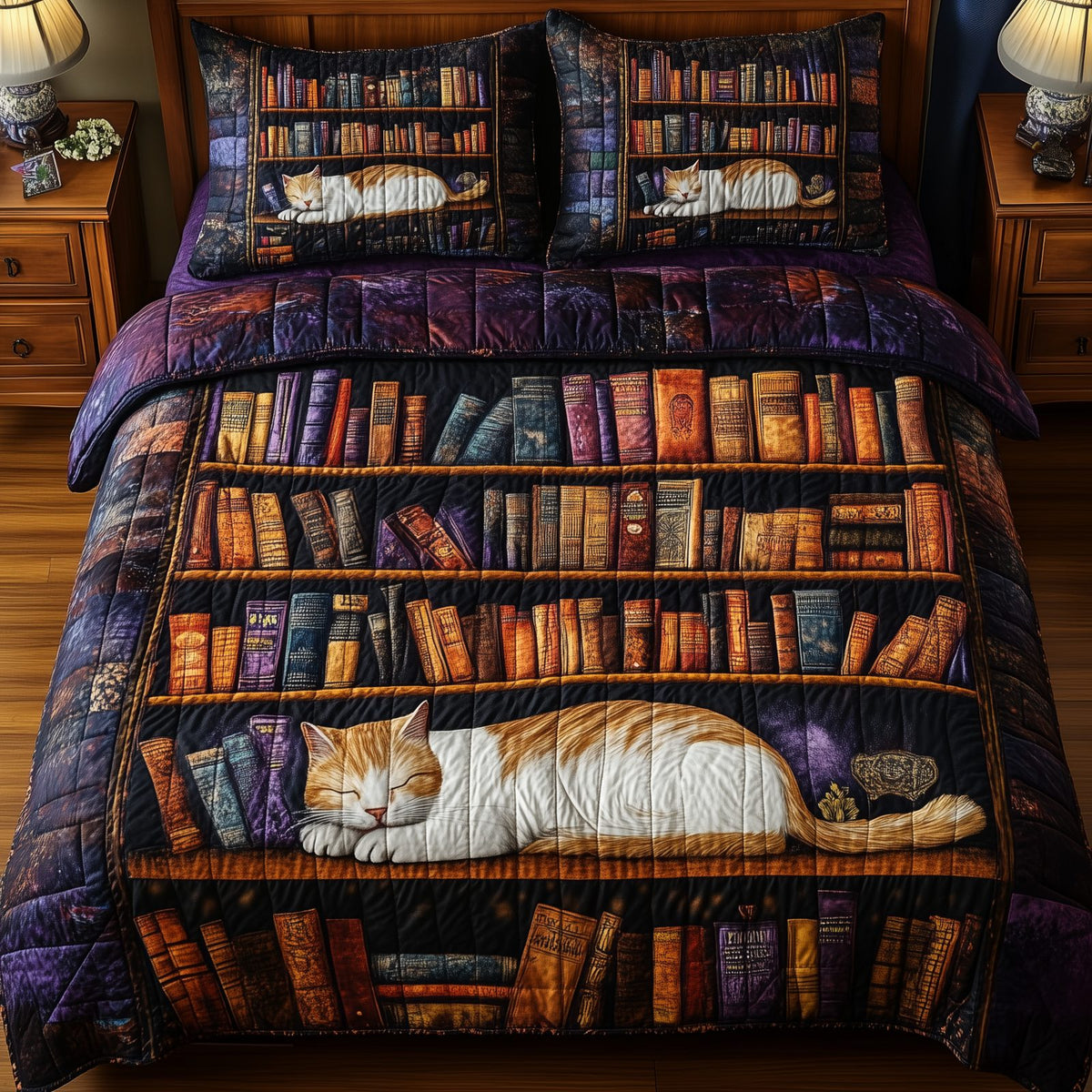 Vintage Cat Bookshelf White quilted 3-piece bedding set on a made bed in a farmhouse bedroom