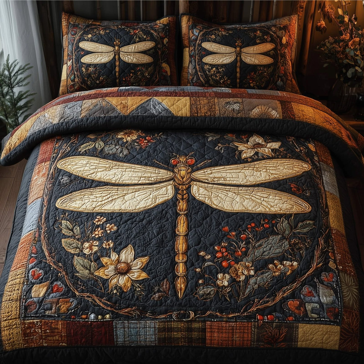 Vintage Dragonfly Navy quilted 3-piece bedding set on a made bed in a warmly lit bedroom