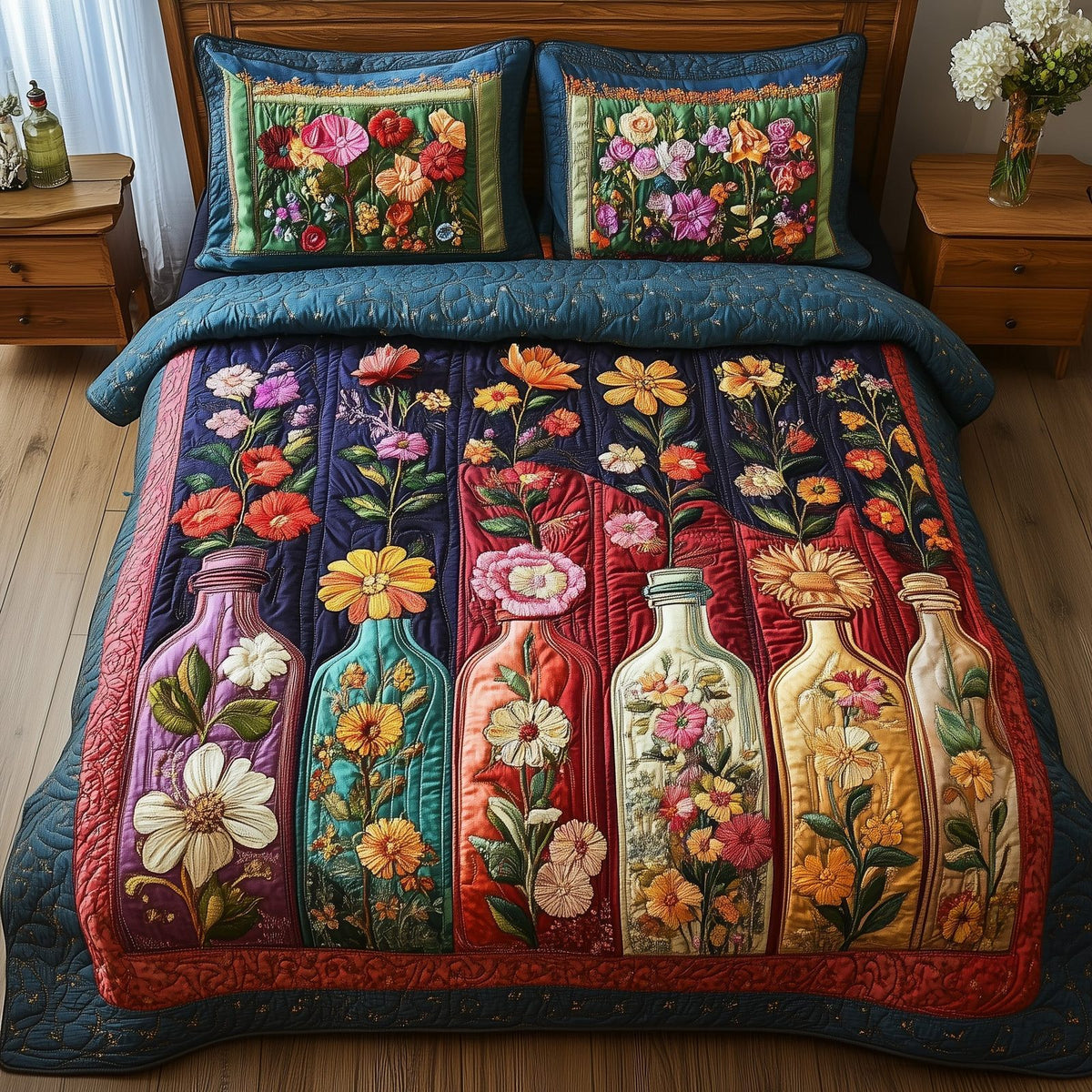 Vintage Floral Bottle Blue quilted 3-piece bedding set on a made bed in a farmhouse bedroom