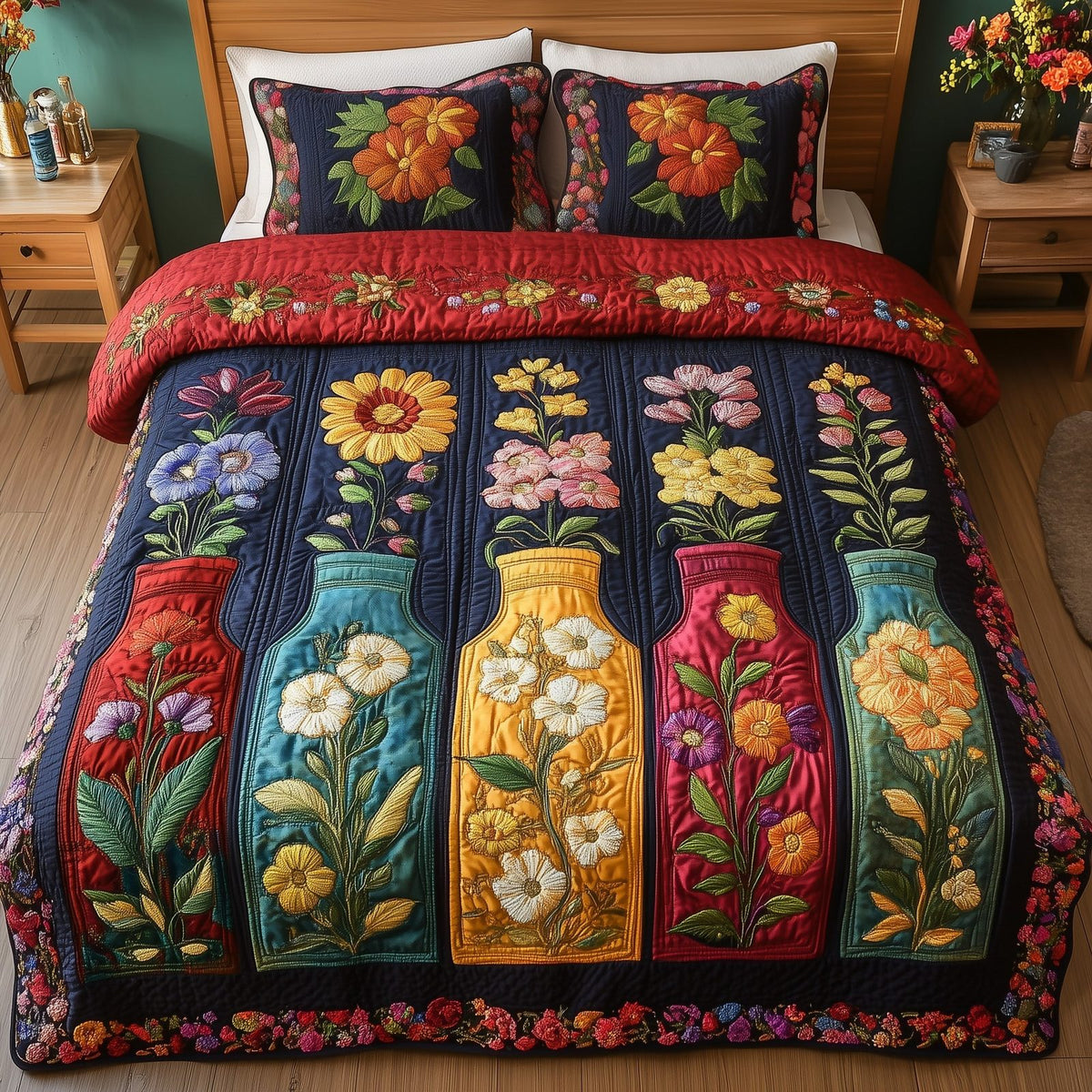 Vintage Floral Bottle Rows quilted 3-piece bedding set on a made bed in a farmhouse bedroom