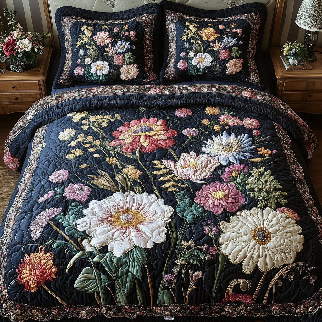 Vintage Flowers Dark quilted 3-piece bedding set on a made bed in a farmhouse bedroom