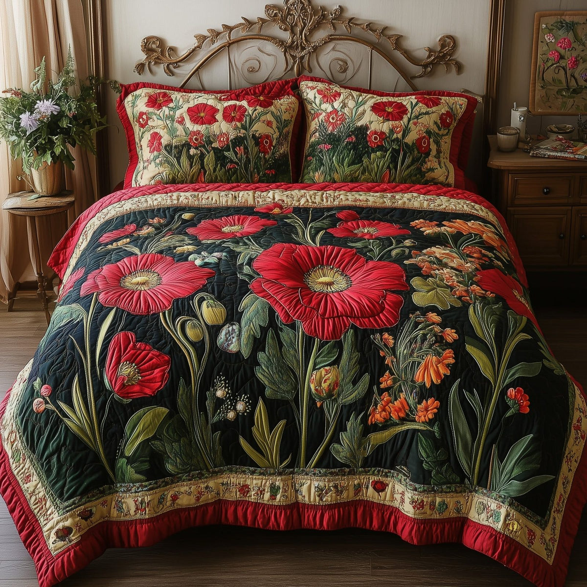 Vintage Flowers Poppy quilted 3-piece bedding set on a made bed in a farmhouse bedroom