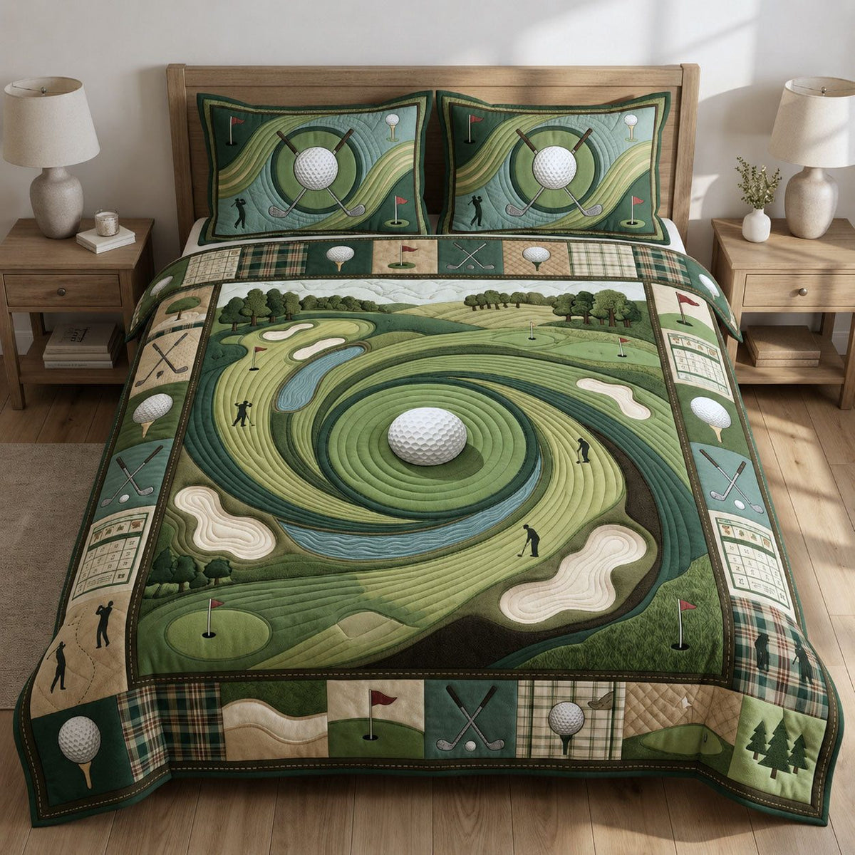 Vintage Golf Club Swirl quilted 3-piece bedding set on a made bed in a farmhouse bedroom
