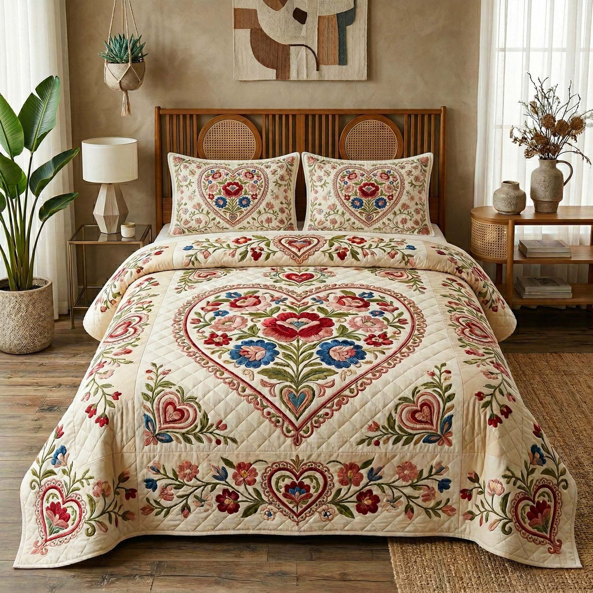 Vintage Heart Folk quilted 3-piece bedding set on a made bed in a farmhouse bedroom