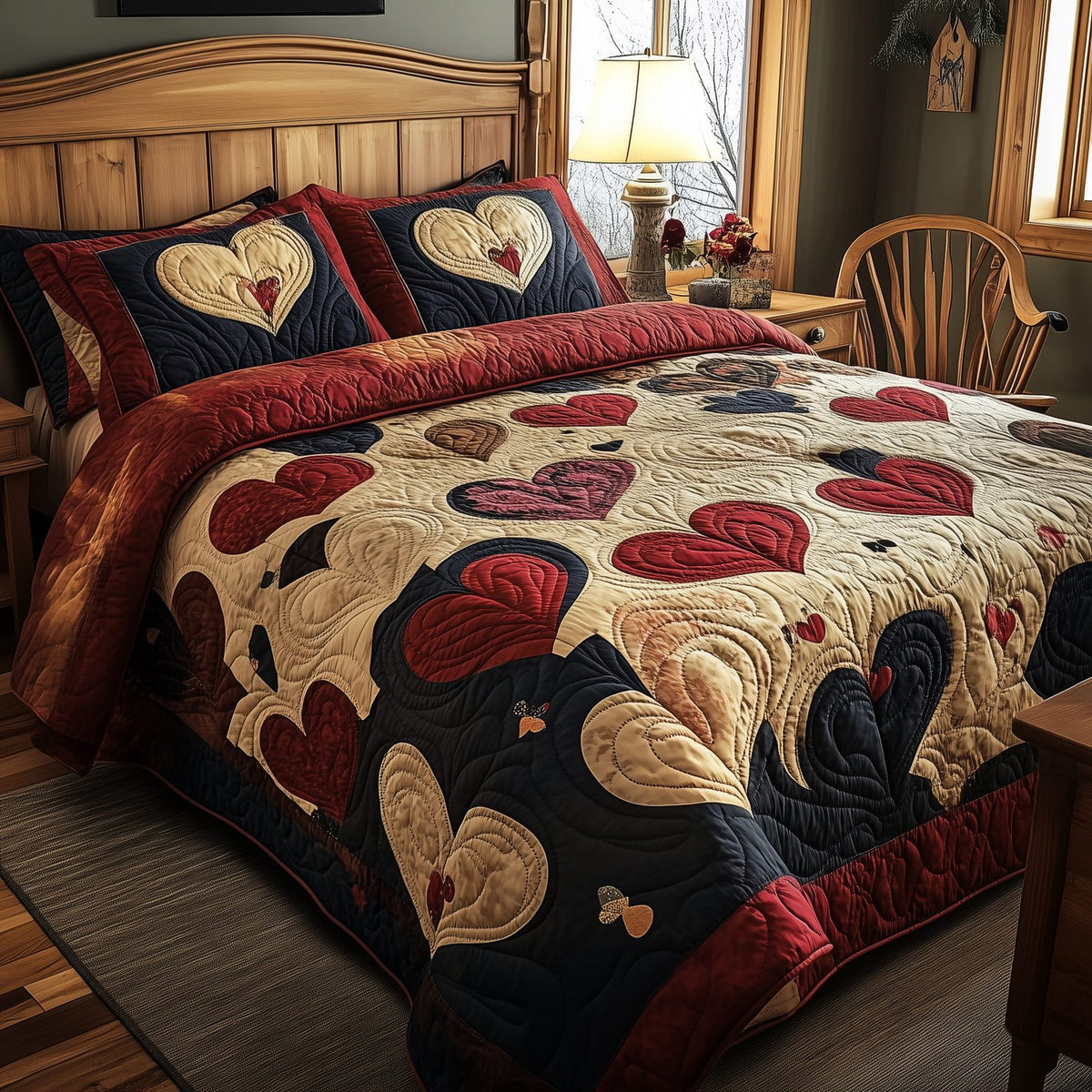 Vintage Heart Frame quilted 3-piece bedding set on a made bed in a farmhouse bedroom