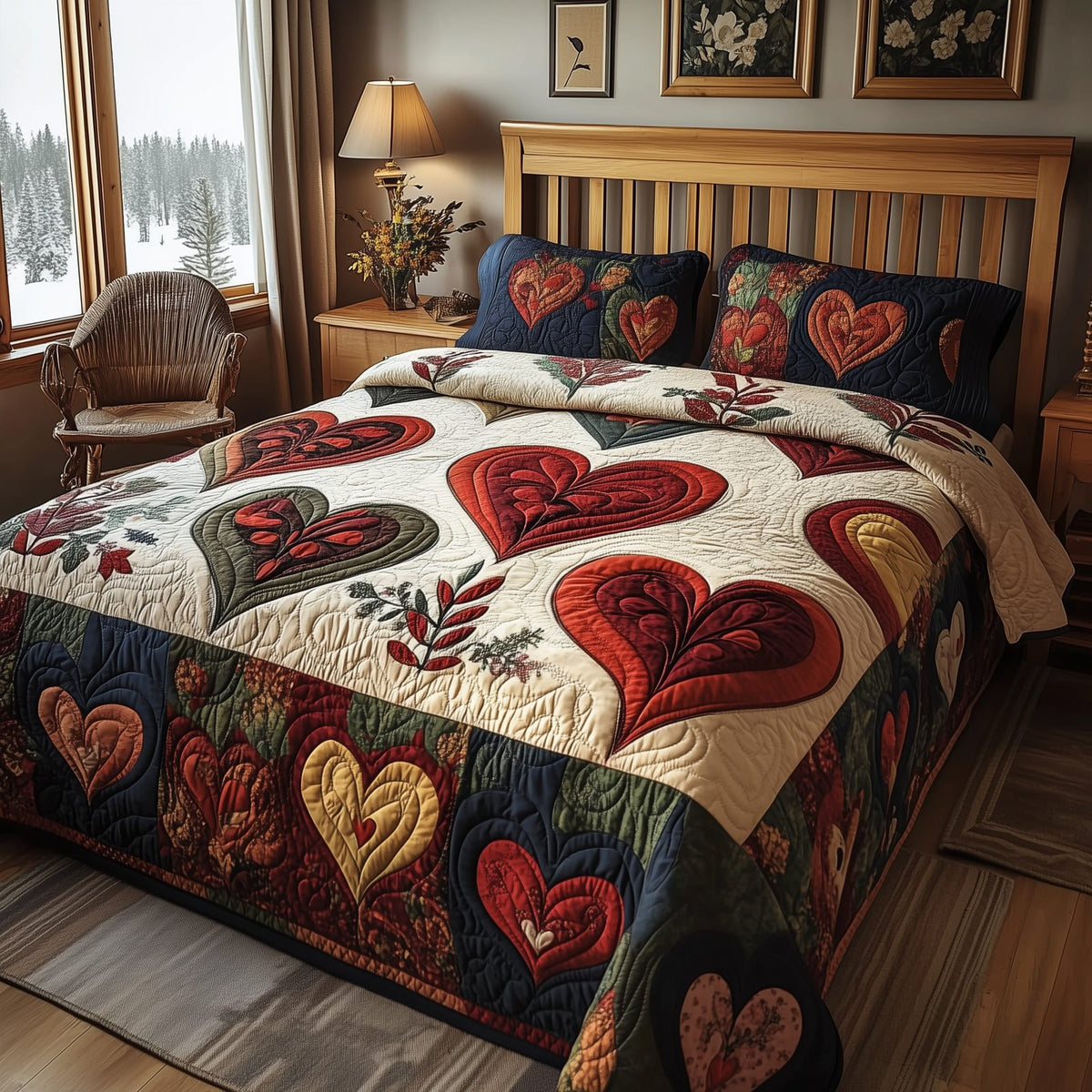 Vintage Heart Trio quilted 3-piece bedding set on a made bed in a farmhouse bedroom