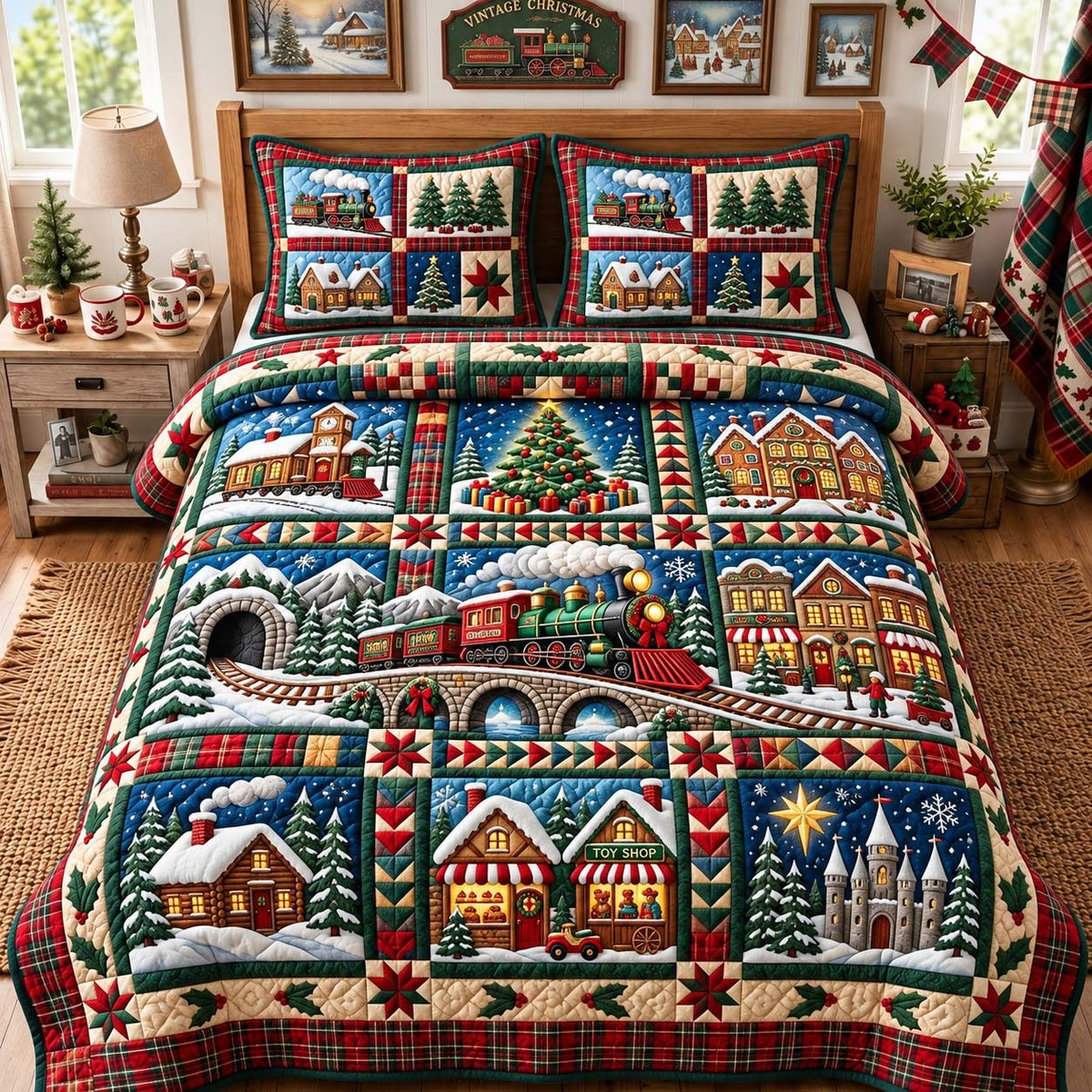 Vintage Holiday Train quilted 3-piece bedding set on a made bed in a winter-styled bedroom