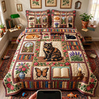 Vintage Library Cat quilted 3-piece bedding set on a made bed in a farmhouse bedroom