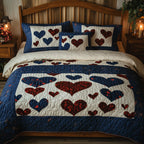 Vintage Love Frame quilted 3-piece bedding set on a made bed in a farmhouse bedroom